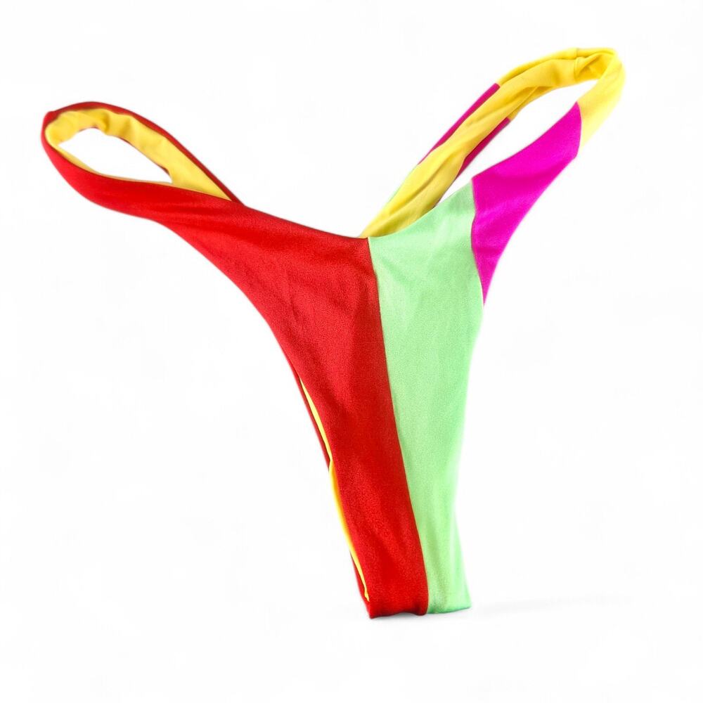 Oneone Womens Thong Bikini Bottom Medium Hi Cut Colorblock Yellow Blue Red Swim